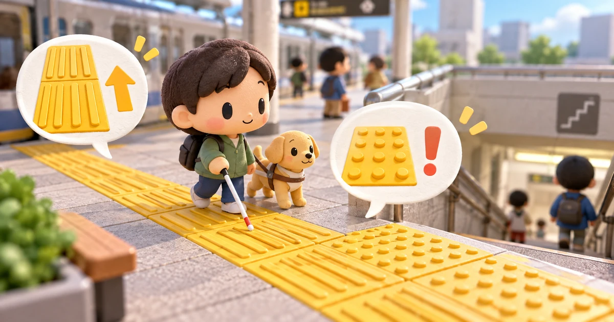 点状と線状の黄色い視覚障害者誘導用ブロックを描いたAI生成イラスト